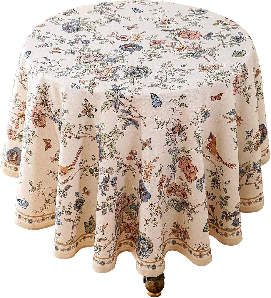 ISAENNE Designer French Light Beige Small Round Tablecloth,Linen Florals and Birds Pattern Table ... | Amazon (US)