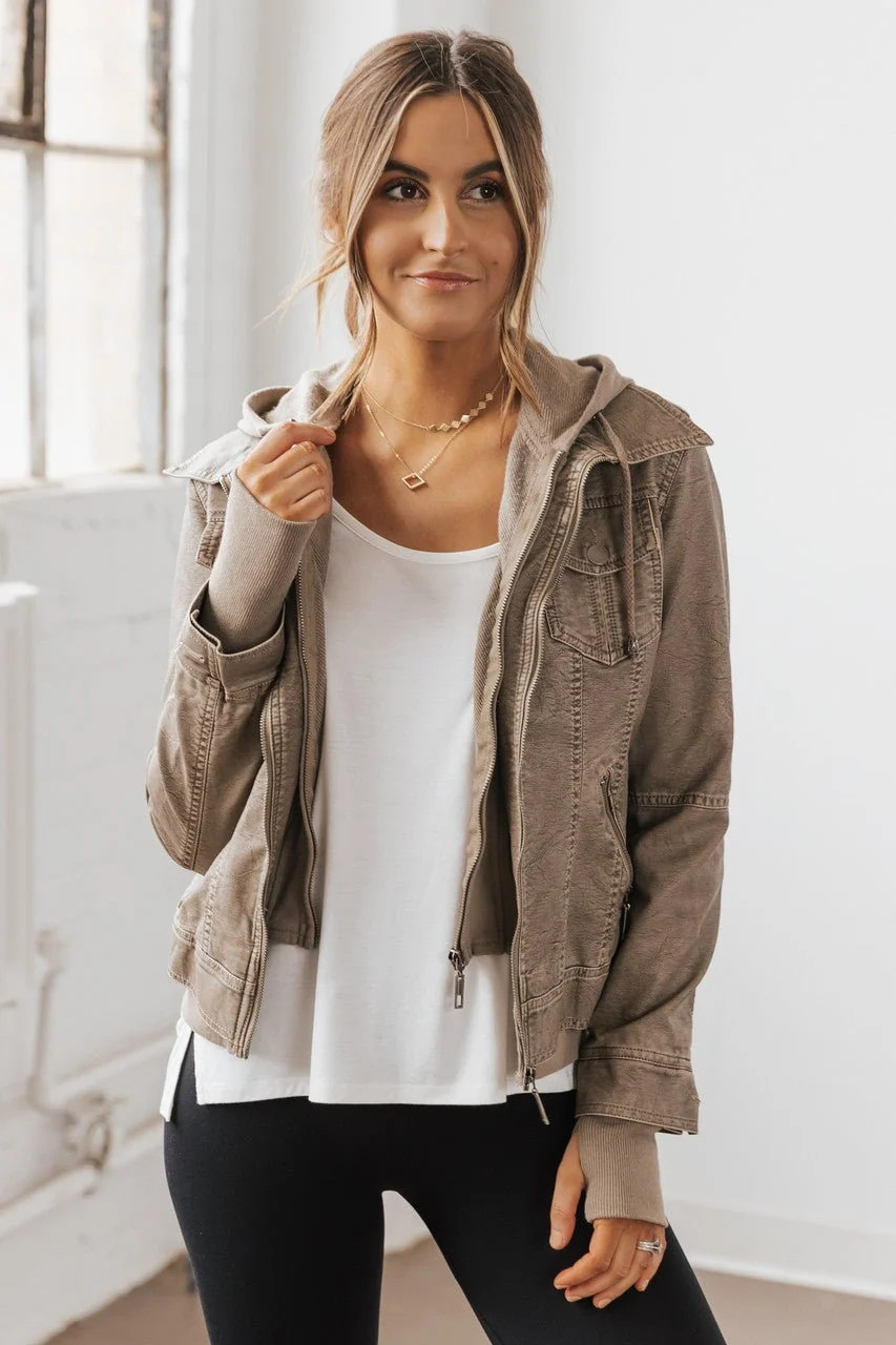 Hooded Sweatshirt Vegan Leather Grey Jacket | Magnolia Boutique