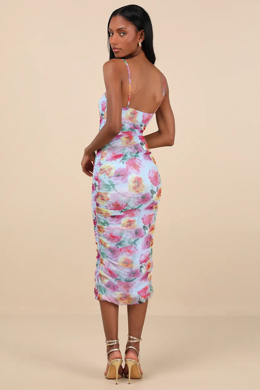 Blossoming Excellence Light Blue Floral Mesh Ruched Midi Dress | Lulus