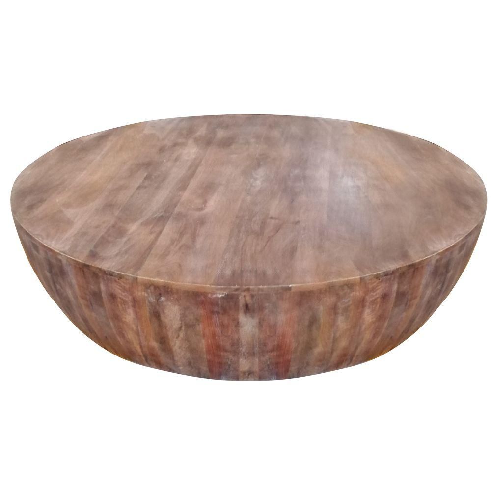 48 in. L Brown Hand carved Drum Shape Round Top Mango Wood Distressed Wooden Coffee Table | The Home Depot