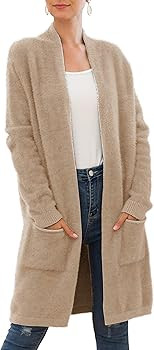 QIXING Women's Casual Open Front Knit Cardigans Long Sleeve Plush Sweater Coat with Pockets | Amazon (US)