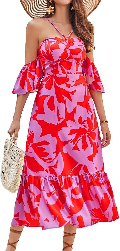 GRACE KARIN Women's 2024 Summer Floral Maxi Dress Smocked Halter Neck Ruffle A Line Off Shoulder ... | Amazon (US)