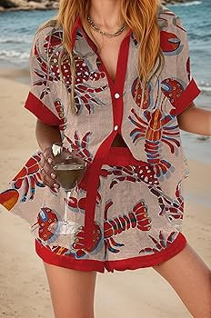 Akivide Women's Summer Graffiti Graphic Beachwear 2 Piece Set Hawaiian Short Sleeve Button Down S... | Amazon (US)