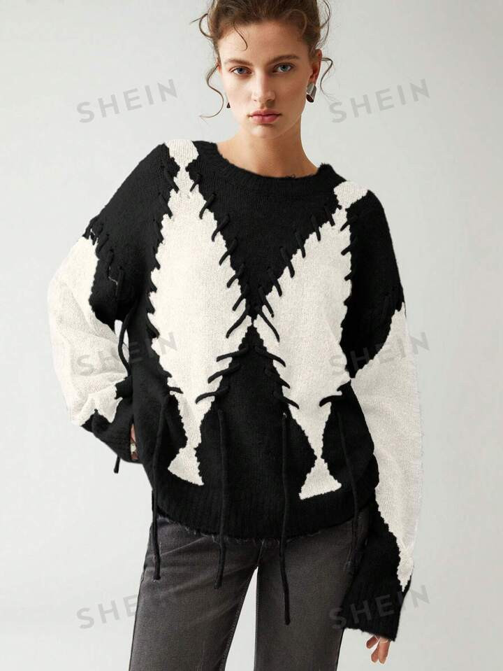 Anewsta Black And White Contrast Women Diamond Checkered Three-Dimensional Threaded Sweater | SHEIN