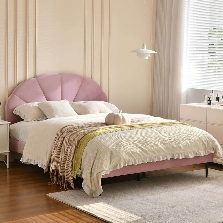 Pink Bed Frame Queen Size, Heavy Duty Upholstered Bed with Unique Headboard, Soft Velvet Platform... | Amazon (US)