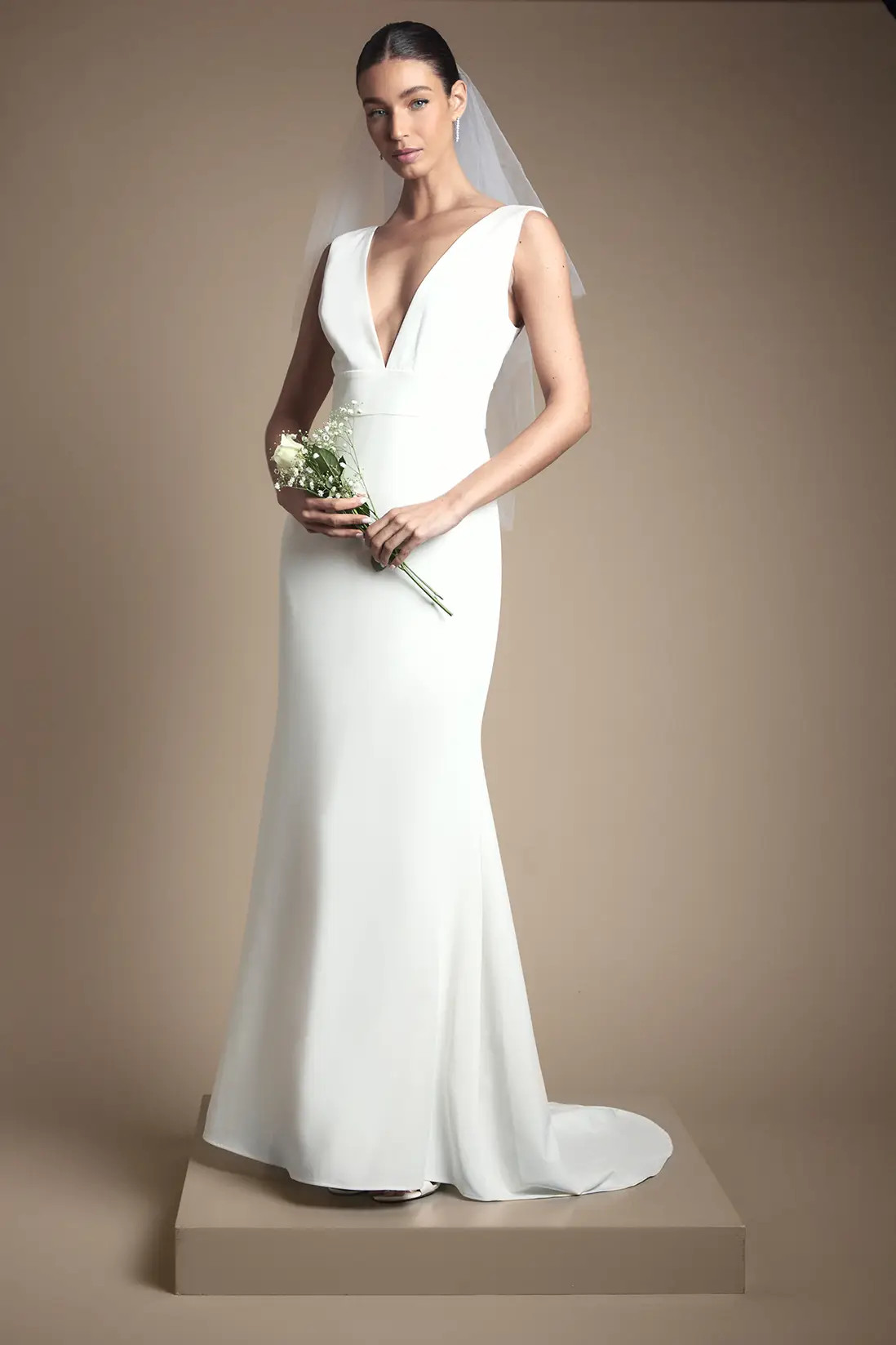 Ivory Coast Honoured Premium Crepe Plunge Neck Fishtail Wedding Dress | Boohoo USA | boohoo (US & Canada)