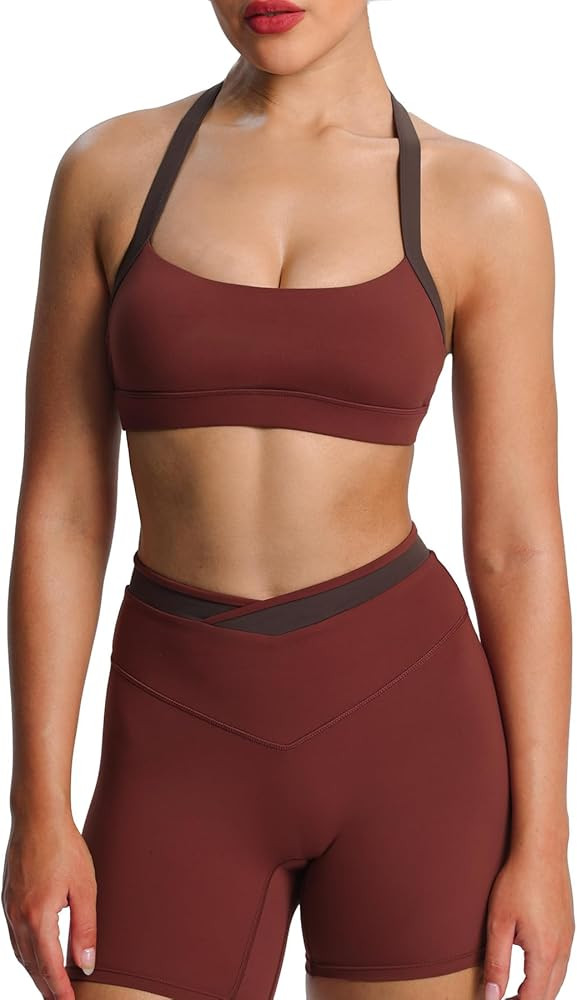 Aoxjox Women's Color Block Halter Workout Sports Bras Fitness Athletic Vanessa Bra Yoga Crop Tank | Amazon (US)