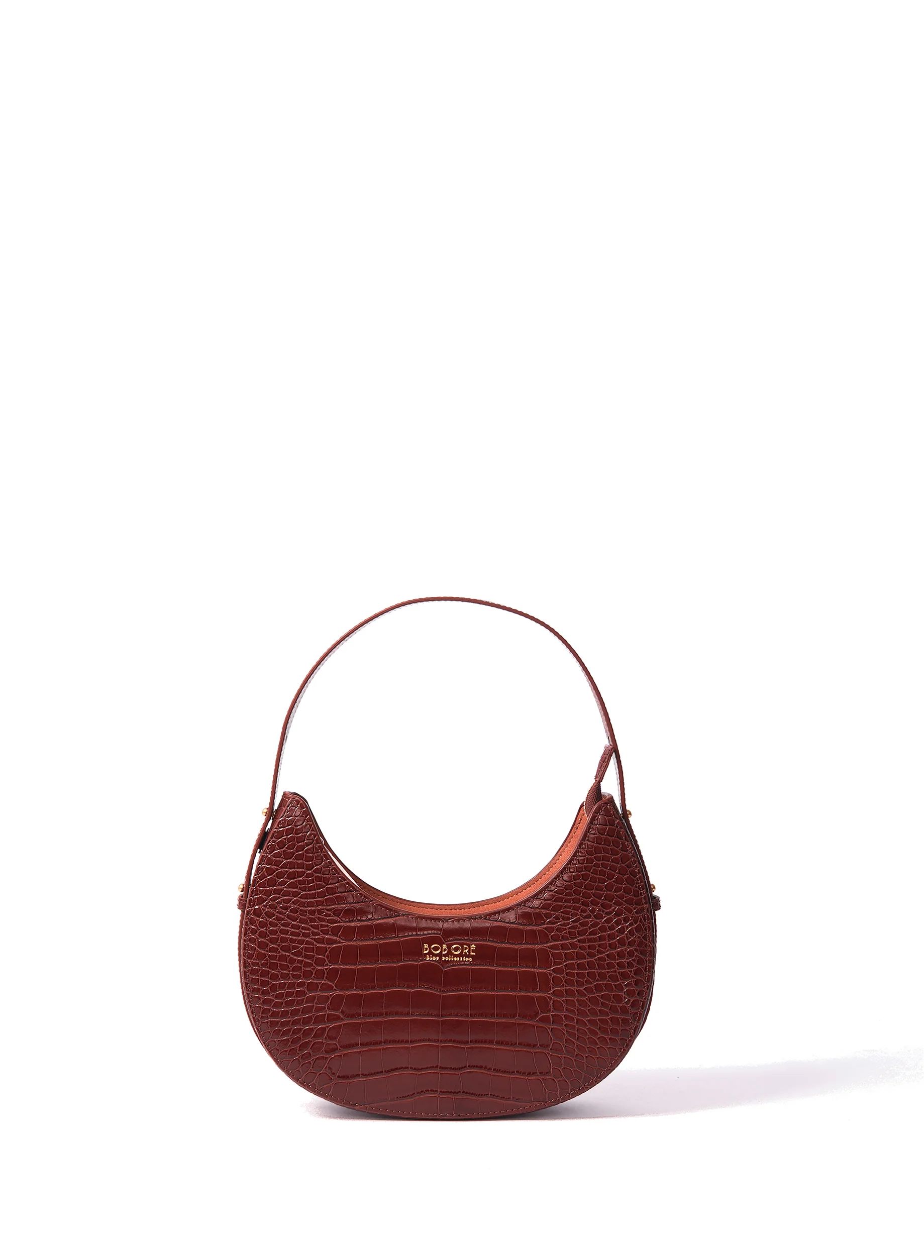 Naomi Leather Moon Bag with Croc-Embossed Pattern, Caramel | Bob Ore Blue Collection