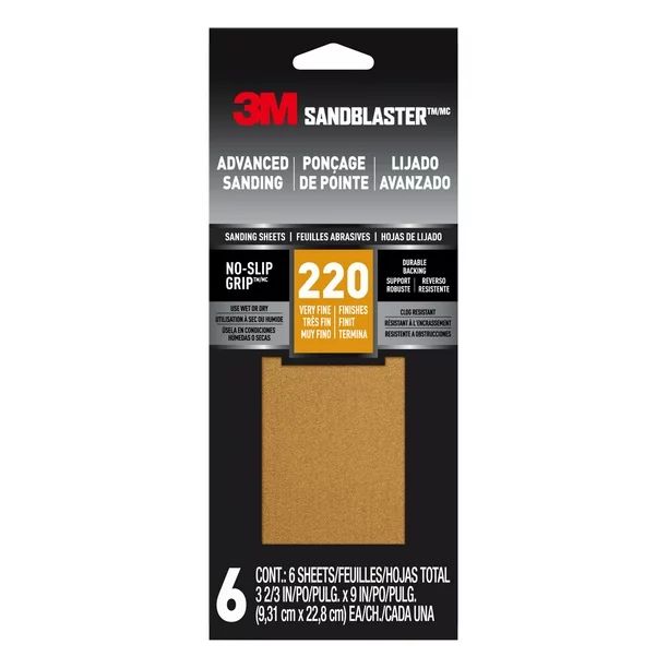 3M Sandblaster No-Slip Grip Sandpaper, Gold, 3-2/3 in x 9 in, 220 Grit, 6 Sheets | Walmart (US)