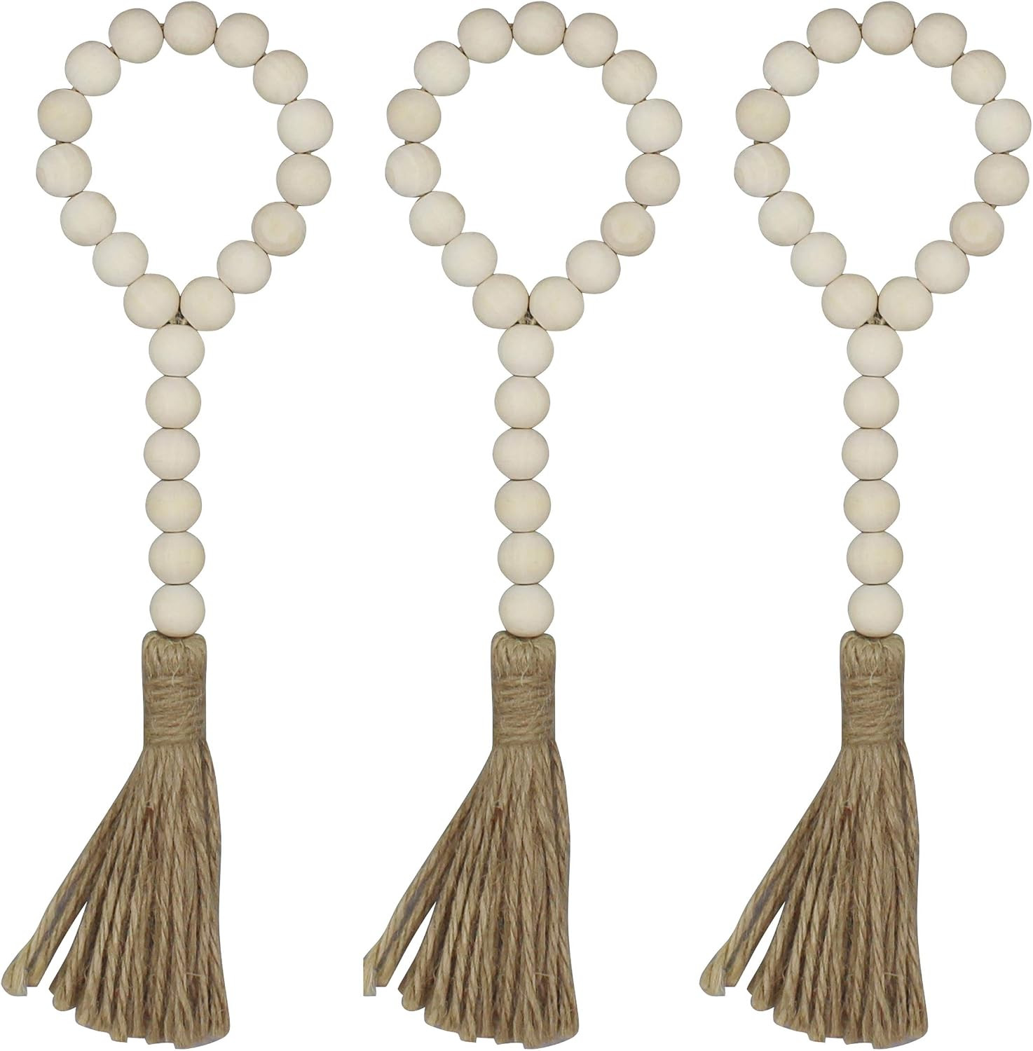 CVHOMEDECO. Wood Beads Garland with Tassels 3 PCS Farmhouse Rustic Wooden Prayer Bead String Wall Hanging Accent for Home Festival Decor. Natural | Amazon (US)