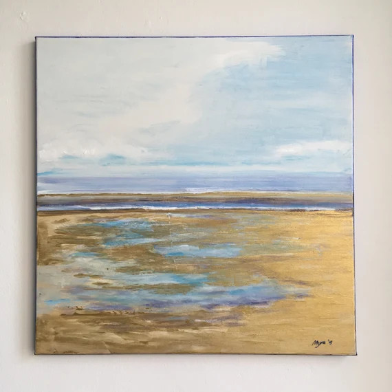 Original Seascape Abstract Seaview Ocean Beach Painting Blue Gold Clouds and Light Acryl Square C... | Etsy (US)