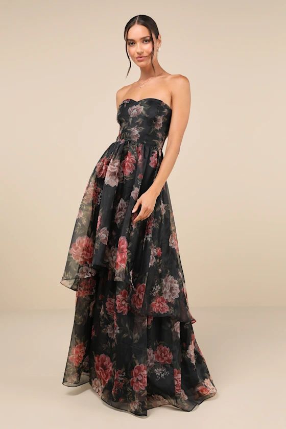 Truly Extraordinary Black Floral Organza Strapless Maxi Dress | Lulus