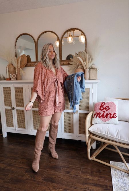 Pink blush haul! Valentine’s Day outfit inspo, romper. Comes in maternity sizes also! Use code:MICAH.JULIET25OFF FOR 25% off your entire purchase! 

Size: small non maternity