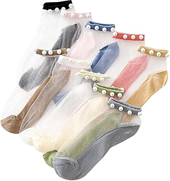Crystal Tulle Pearl Summer Socks Women Transparent Lace Elastic Ultra Thin Silk Stockings Short | Amazon (US)