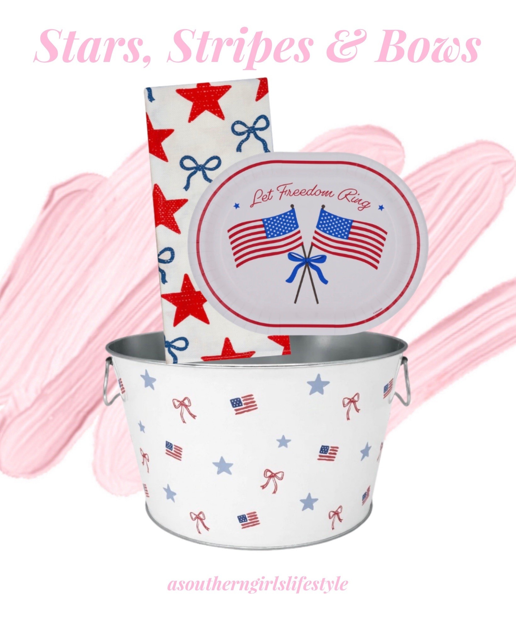 July 4th Cookout Goodies with a girly touch - Stars, Stripes & Bows 

Kitchen Towel, Patriotic Oval Disposable Plates Red/White/Blue Flag & Large White Metal Tub for Drinks 

America 250. Happy Birthday America. Patriotic.