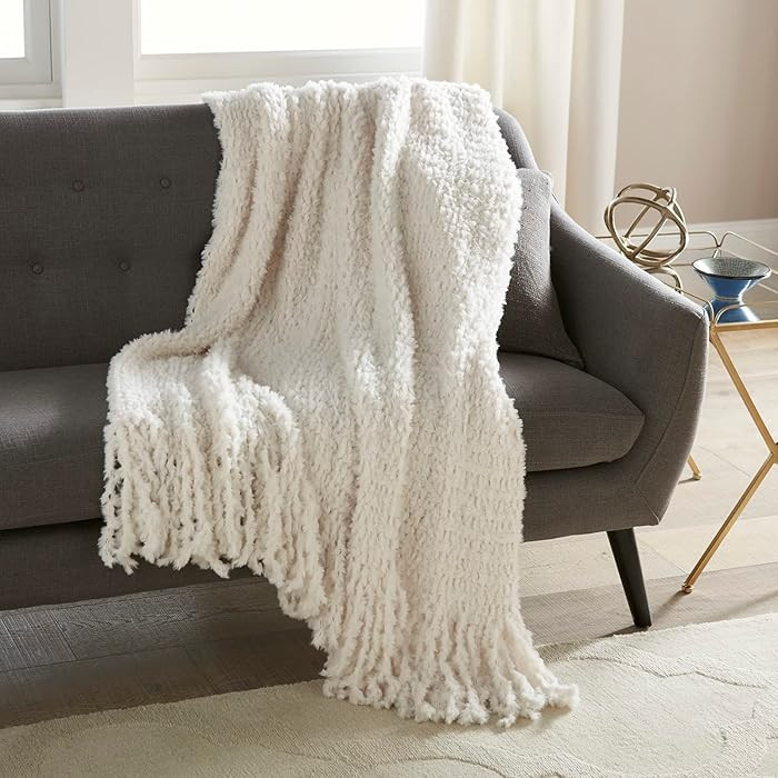 Crafted by Catherine Ivory Fringe Trim Knit Faux Rabbit Fur Throw 50" x 60" | Amazon (US)