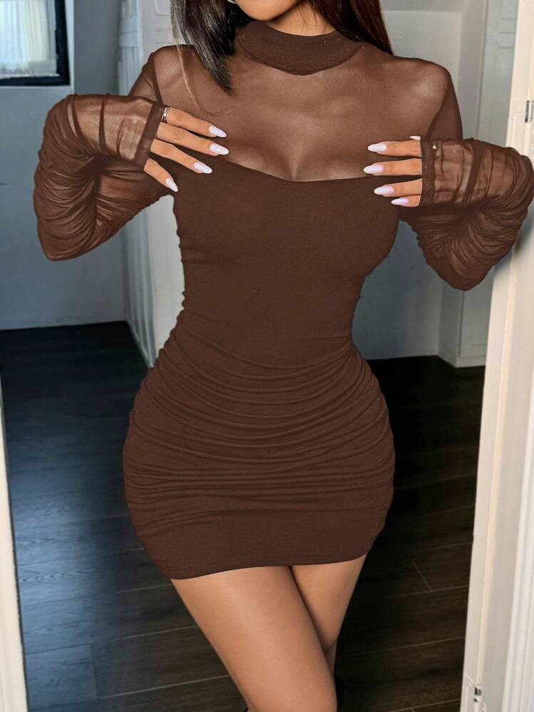 SHEIN EZwear Brown Mesh & Knit Camisole 2 In 1 Dress | SHEIN