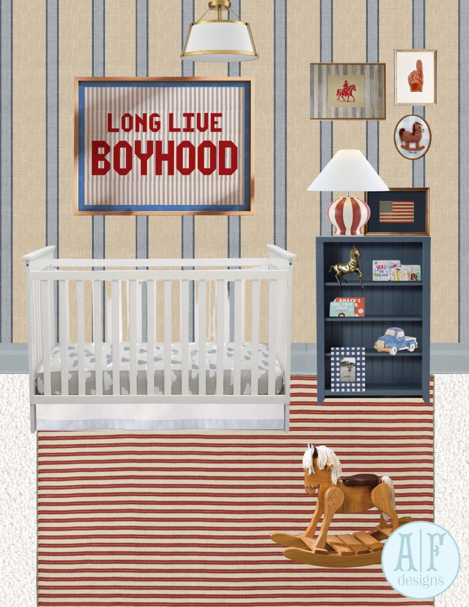 all american boy nursery inspiration! absolutely in love with this color combo🩵❤️ 

wallpaper: loomwell lincoln 
trim: SW 6806 rhythmic blue 


blue red navy american boy nursery boy room 



#LTKKids #LTKBaby #LTKHome