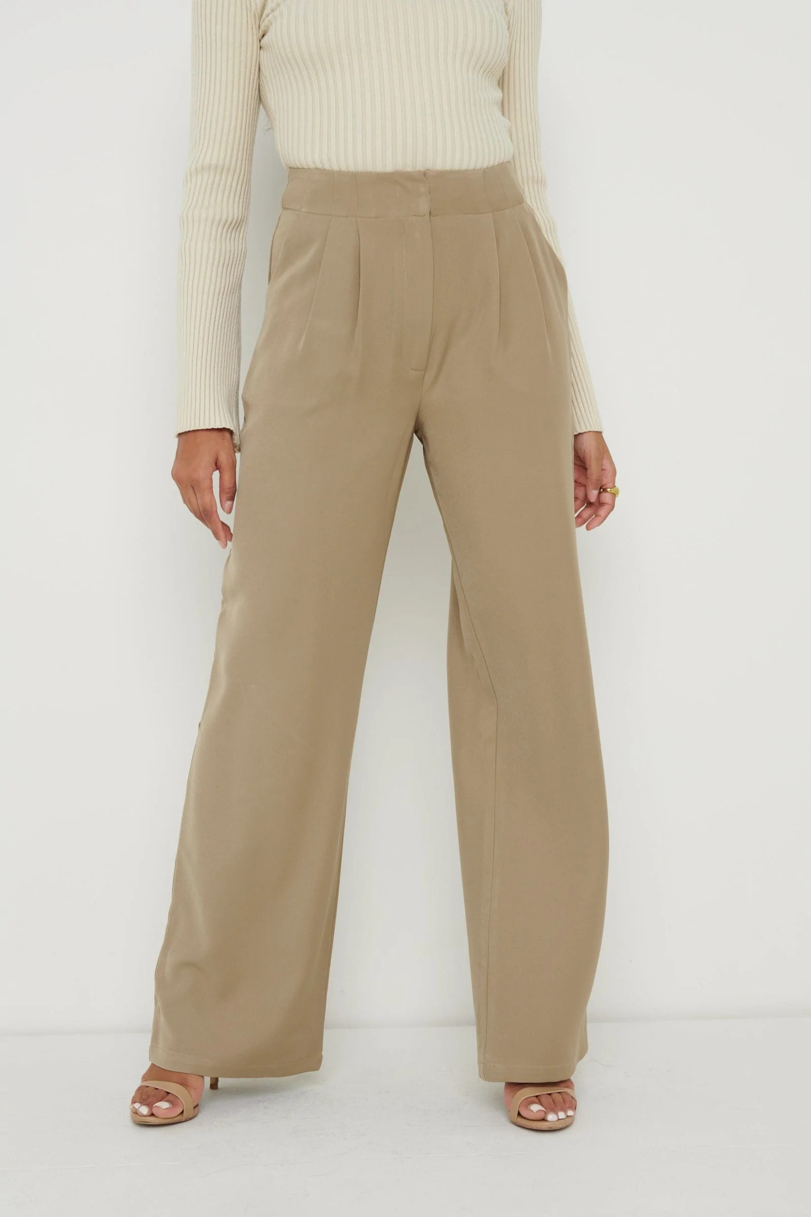 Parker High Waisted Box Pleat Trouser - Taupe | Pretty Lavish (UK)