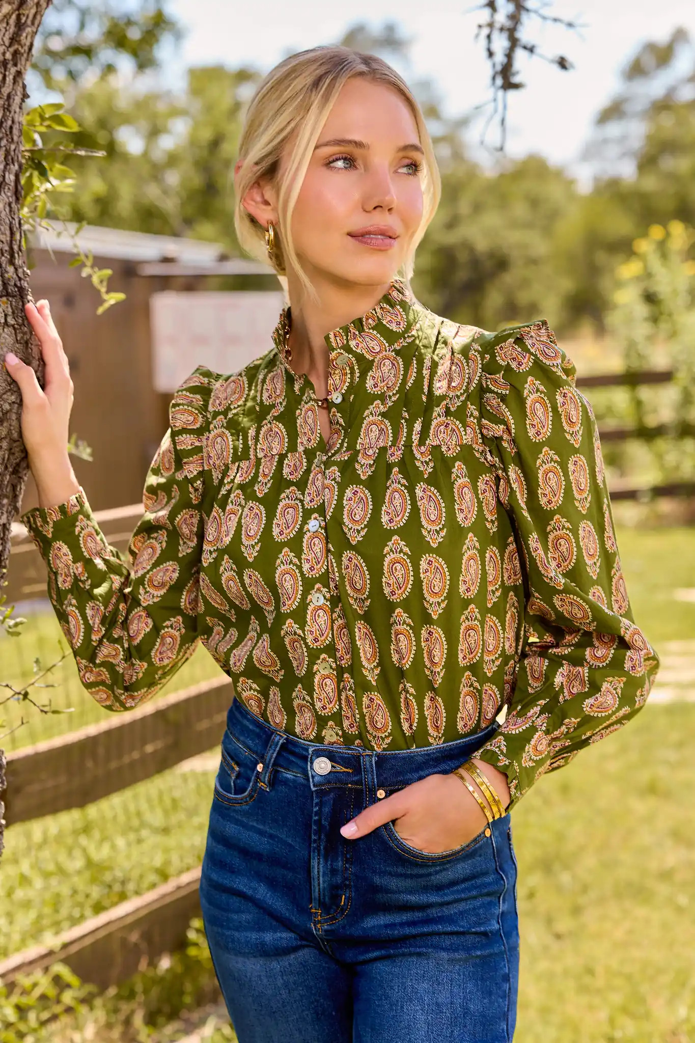 Green Paisley Printed Pleated Top | Avara