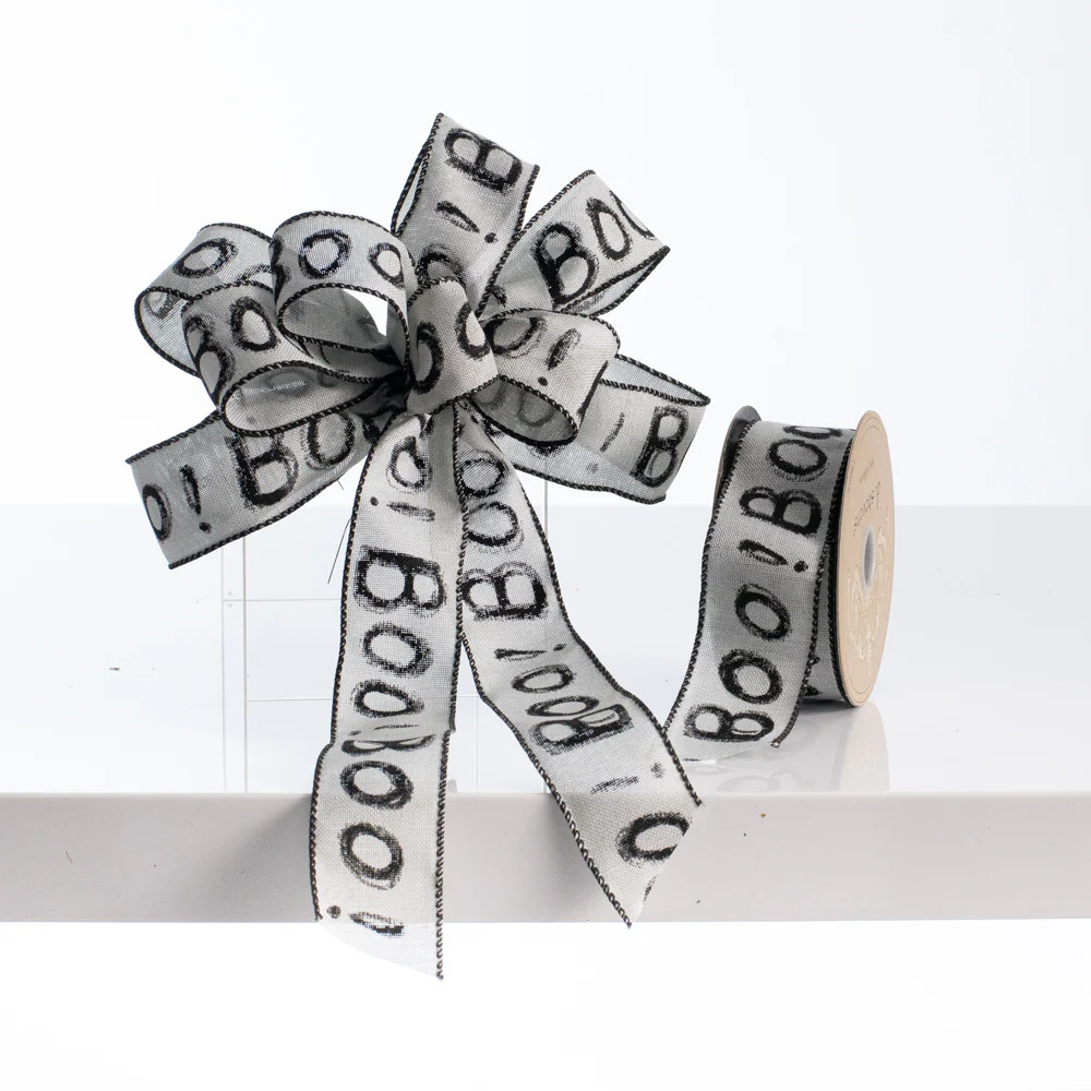 D. Stevens "BOO" Black & Grey Canvas Halloween Wired Bow & Spool of Ribbon | Darby Creek Trading
