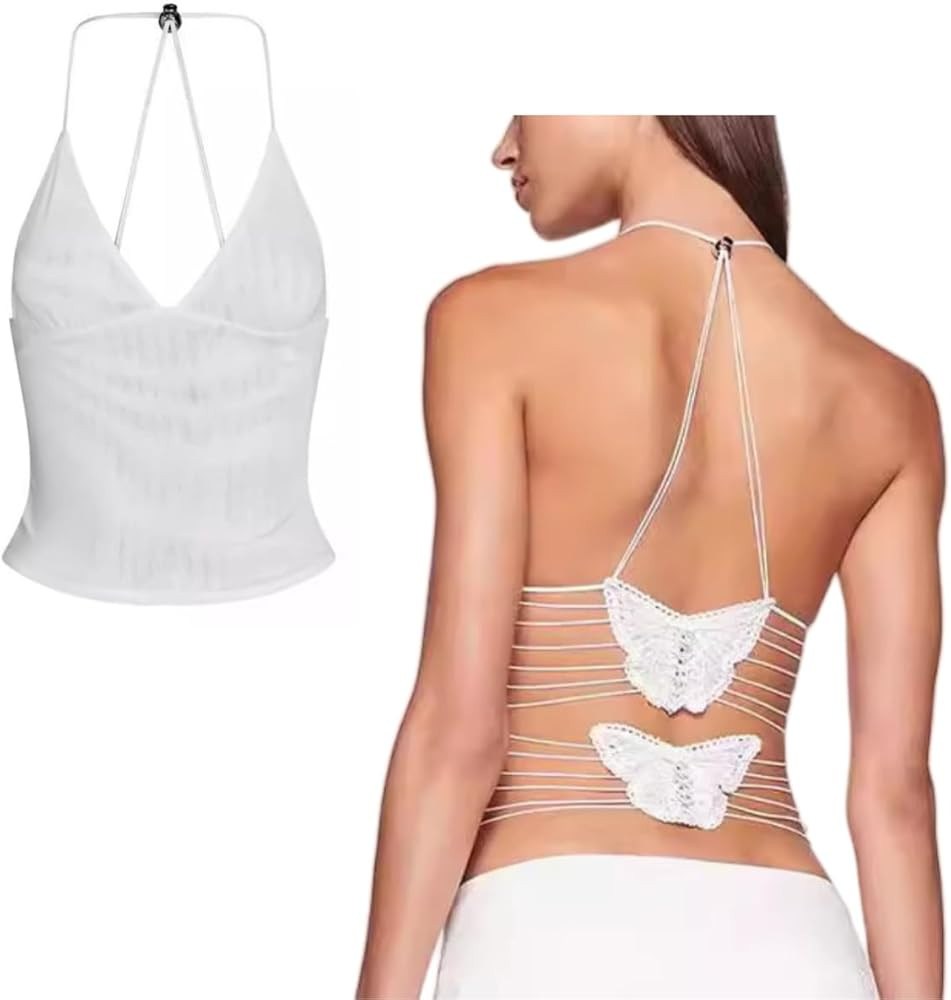 Women Mesh Back Butterfly Crop Top Sexy Lace Backless Rave Halter Tank Vest Camisole Unique V-Nec... | Amazon (US)