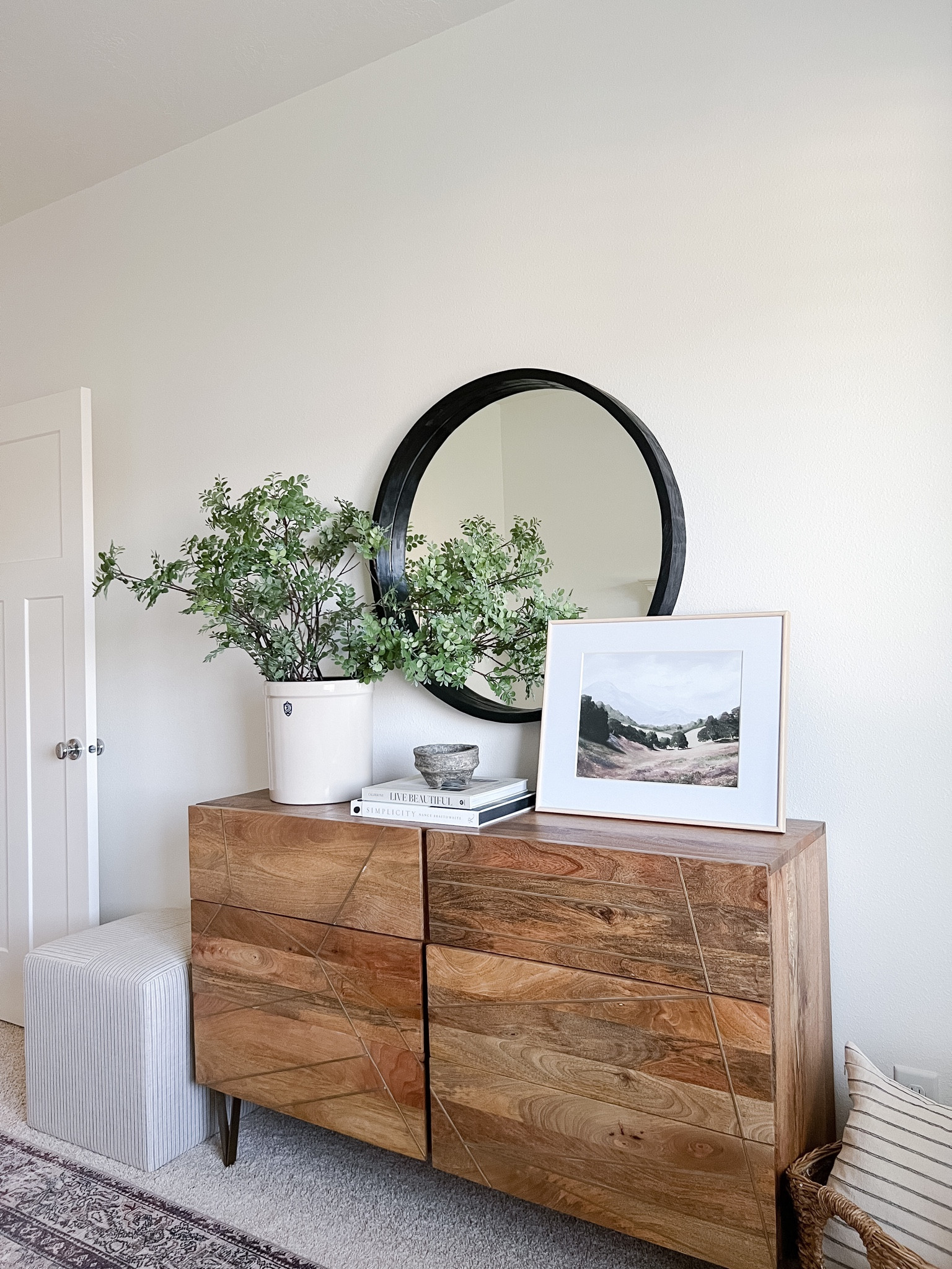 Bedroom decor, home decor, dresser, black mirror, Amazon home, faux greenery, artificial stems, upholstered ottomans 

#LTKhome #LTKsalealert #LTKunder100