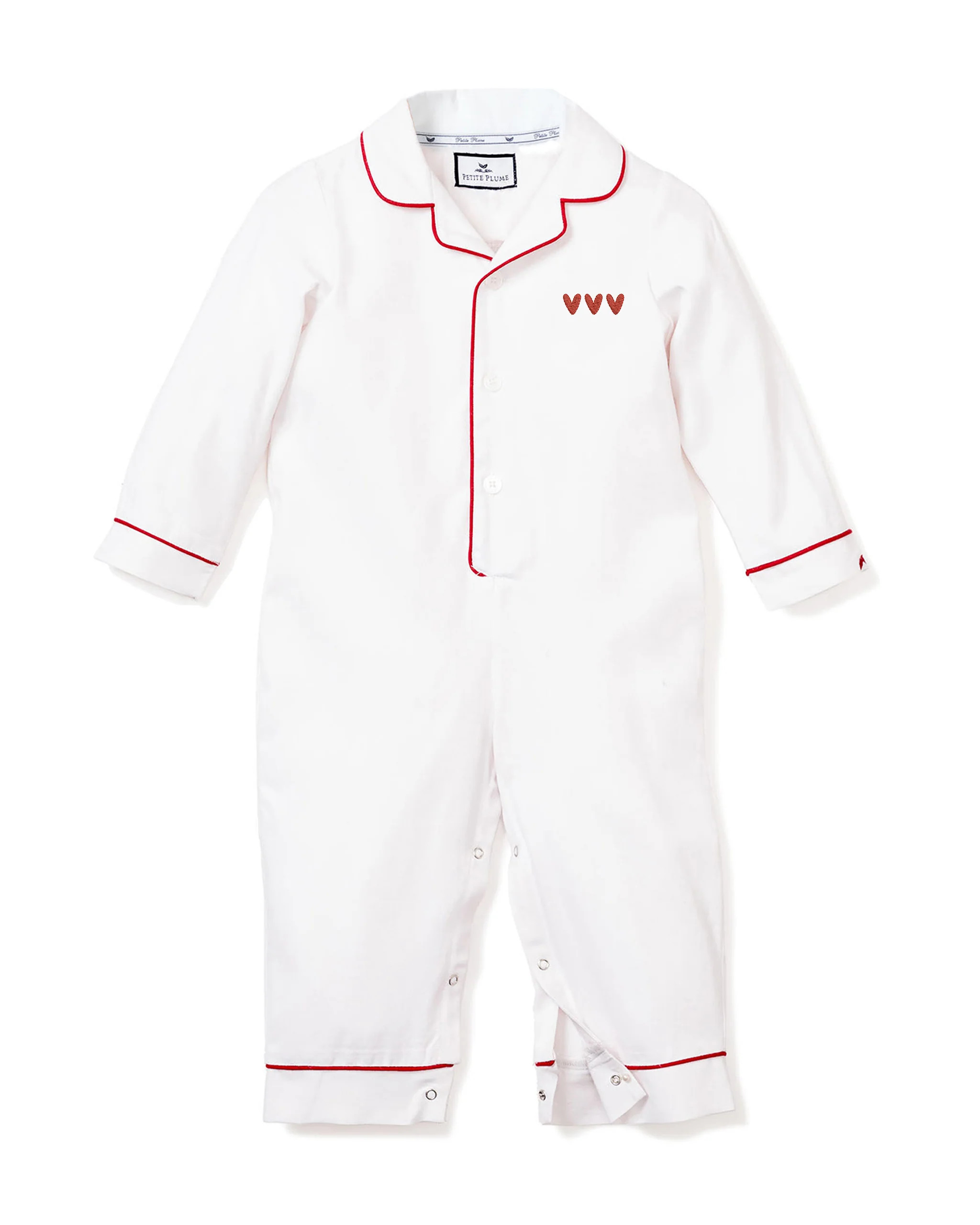 Baby's White Twill Romper with Heart Embroidery | Petite Plume