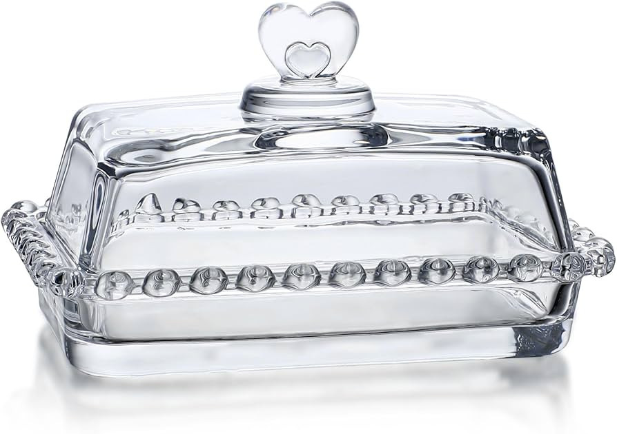QFkris 6.5'' Glass Butter Dish with Lid for Countertop, Butter Keeper with Heart Shaped Handle Co... | Amazon (US)