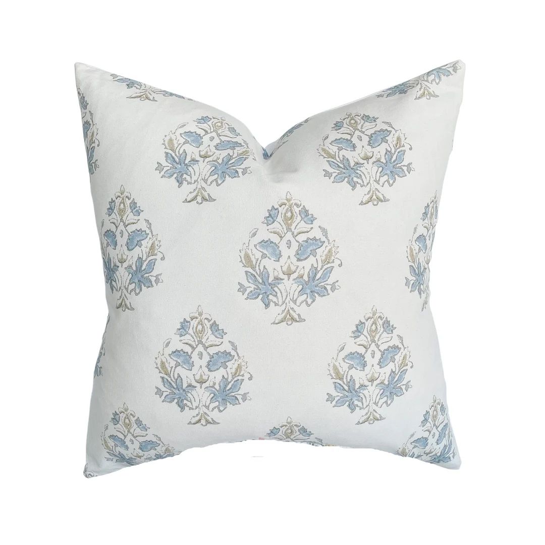 Ayla | Floral Blue Handblock Pillow Cover | Soft White Coastal Designer Fabric | Neutral Home Dec... | Etsy (AU)