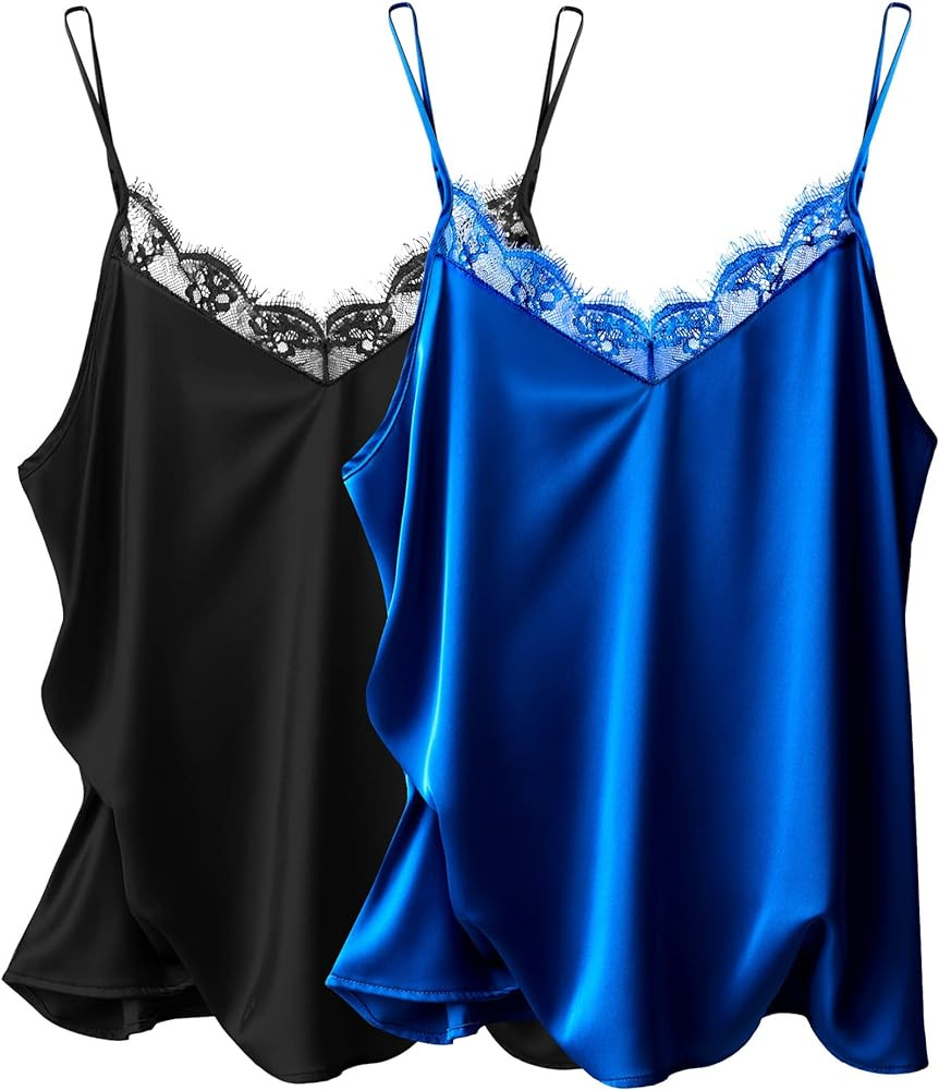 Ekouaer Women's 2 PCS Silk Satin Tank Top Lace Cami Spaghetti Strap Top V Neck Camisoles | Amazon (US)