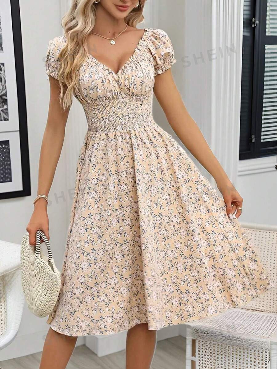 SHEIN Frenchy Women's Ditsy Floral V-Neck Waist-Tied Dress | SHEIN