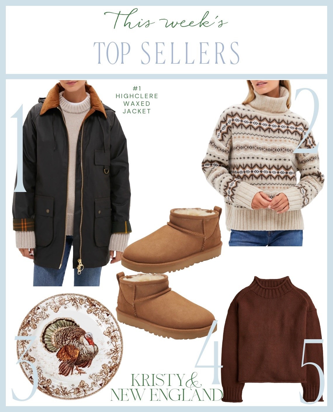 Top Sellers of the Week #1 Barbour Jacket #2 Fair Isle Sweater #3 Thanksgiving Turkey Plates #4 Ugg Mini Boots #5 Brown Rollneck Sweater

#LTKOver40 #LTKSaleAlert #LTKSeasonal