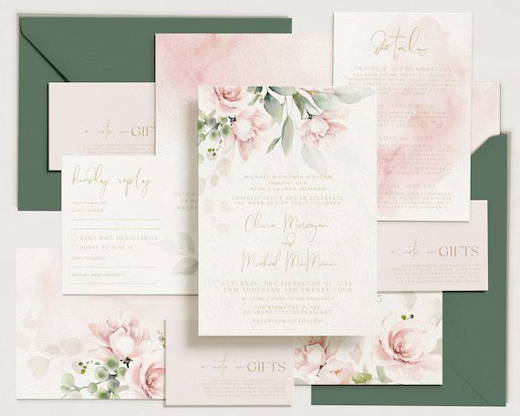 SOPHIE | Floral Wedding Invitation Suite Template download, Watercolor Wedding Invitation Bundle,... | Etsy (US)