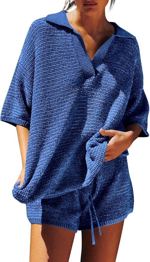 Tankaneo Womens Sweater Set 2 Piece Outfits Oversized 3/4 Sleeve V Neck Knit Tops High Waisted Sh... | Amazon (US)