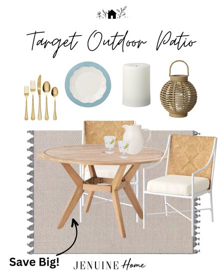 Target outdoor patio set. Target sale. Summer sale. Target summer sale. Serena and lily look alike outdoor chair. Light wood outdoor table. Round outdoor table. Cane outdoor chair. Neutral outdoor rug. Outdoor lantern. Outdoor flameless candle. White and blue plate. Blue place setting. Gold silverware. White pitcher. Glass cups  