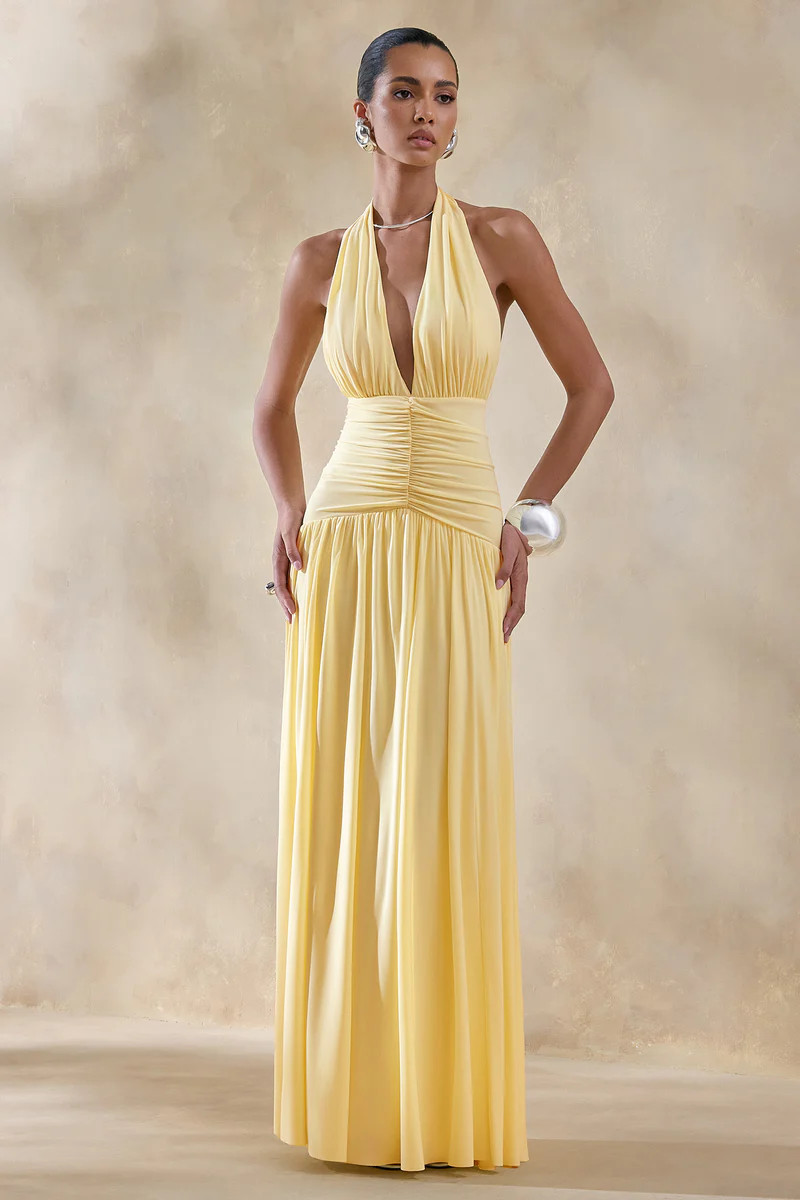 Bettina | Lemon Plunge-Neck Maxi Dress With Gathered-Detailing | Club L London