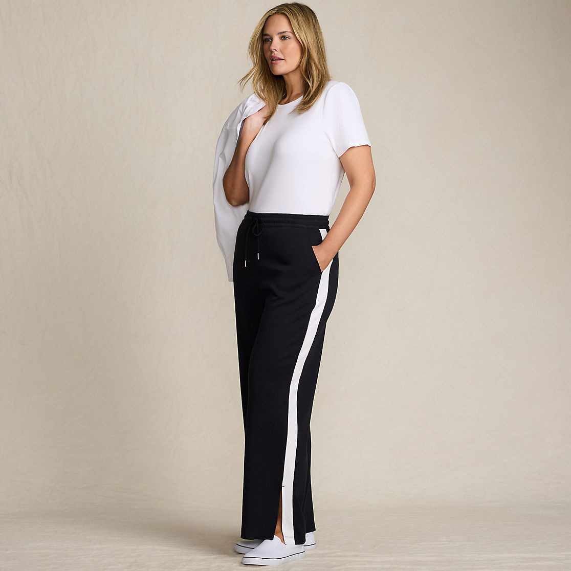 Women's Plus Size Sport Knit High Rise Relaxed Straight Leg Side Stripe Pants | Lands' End (US)