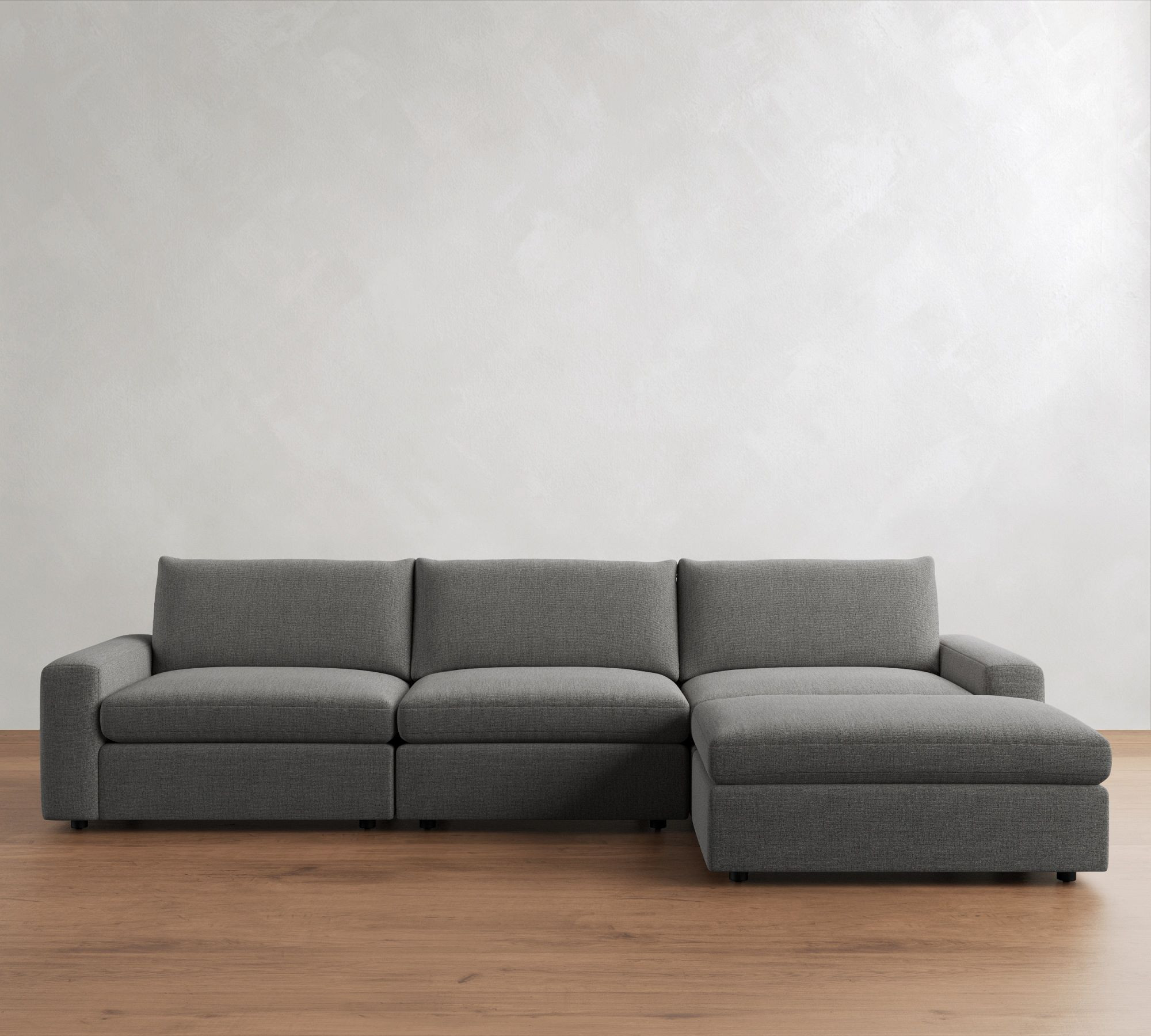Sierra Upholstered Modular Sofa with Chaise Sectional, Down Blend Wrapped Cushions, Performance Heathered Basketweave Platinum | Pottery Barn (US)