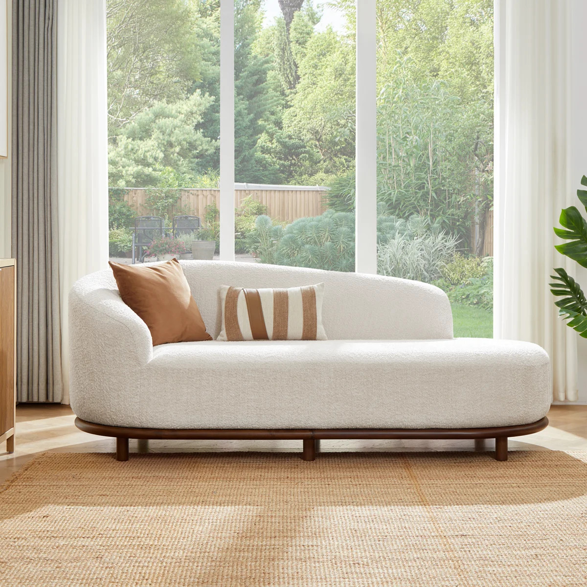 Foye Organic Modern Boucl\u00e9 Chaise Lounge with Curved Backrest, Solid Wood Base, and High-Den... | Wayfair North America