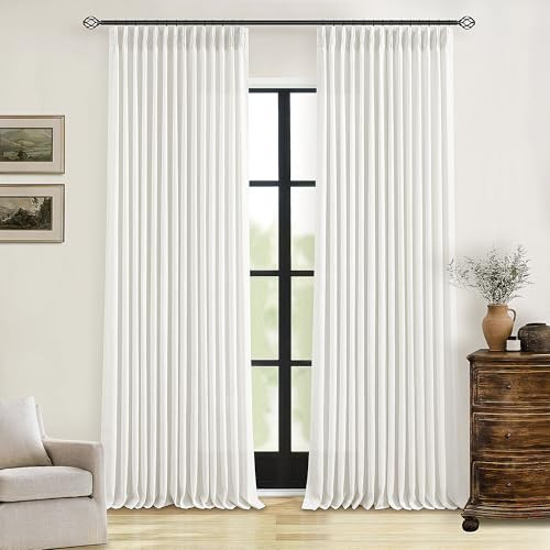 Beige White Linen Curtains 108 Inches Long 2 Panels Set for Living Room Neutral Boho Thick Linen Textured Pinch Pleated Memory Shape Light Filtering Ceiling Semi Sheer Window Curtain Hook Rings Ivory | Amazon (US)