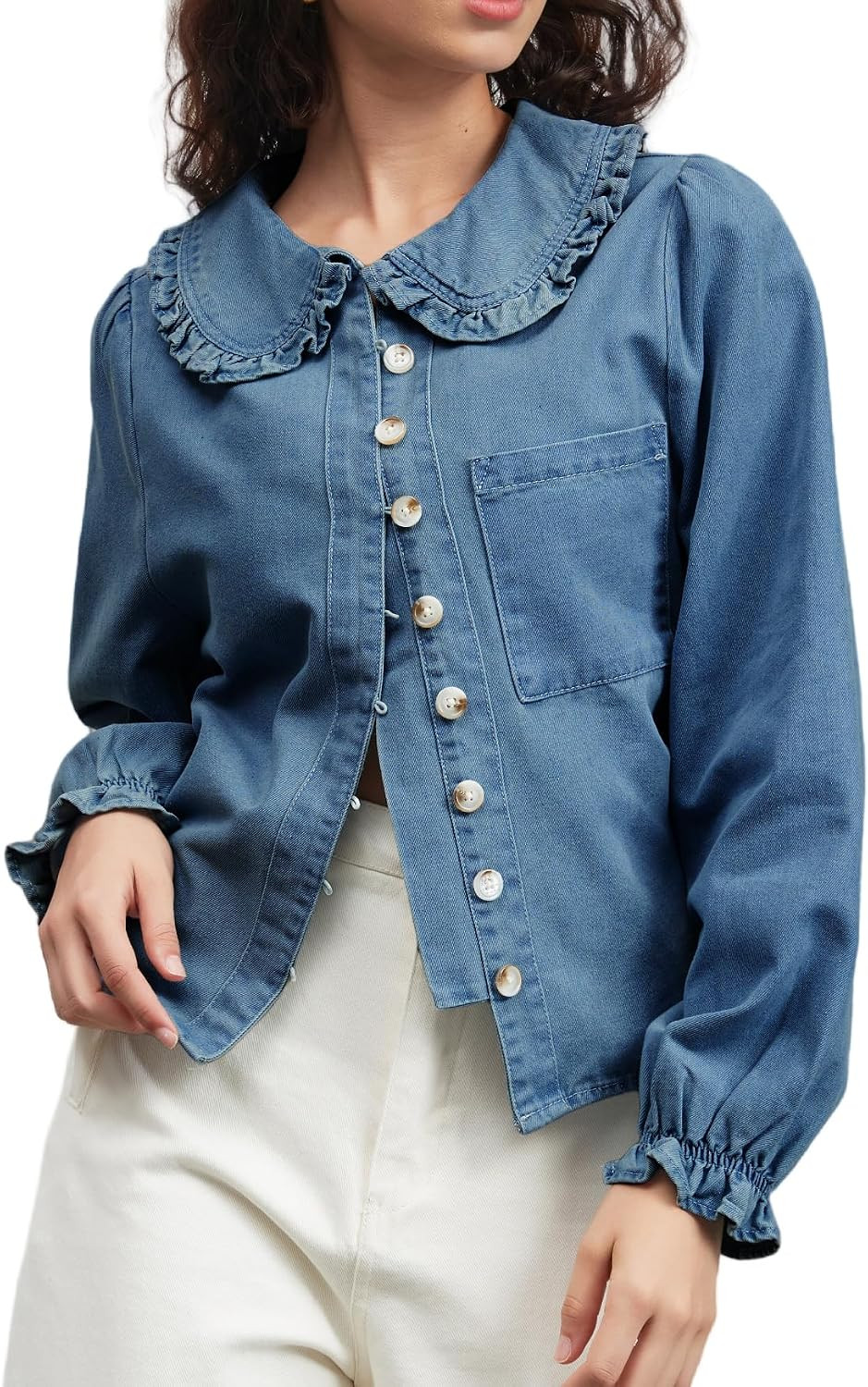 Womens Puff Long Sleeve Denim Shirts Peter Pan Collar Button Down Jean Blouse Casual Denim Tops with Pocket | Amazon (US)