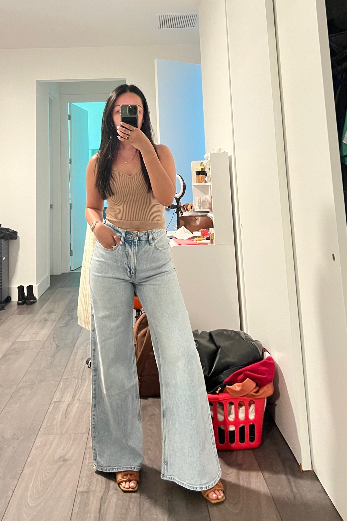 high rise wide leg jeans casual outfit: hollister wide leg jeans, tan knit top, heeled sandals 

#LTKshoecrush #LTKfindsunder100 #LTKstyletip