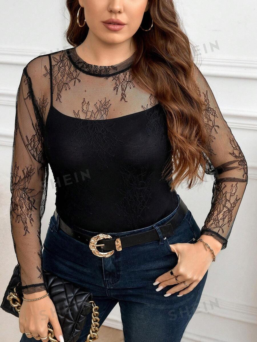 SHEIN Clasi Plus Size Women Floral Lace Patchwork Round Neck Long Sleeve Fashion T-Shirt, Autumn | SHEIN