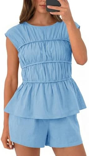 Tankaneo Womens Summer Smocked 2 Piece Short Sets Cap Sleeve Babydoll Peplum Blouse Casual Matchi... | Amazon (US)