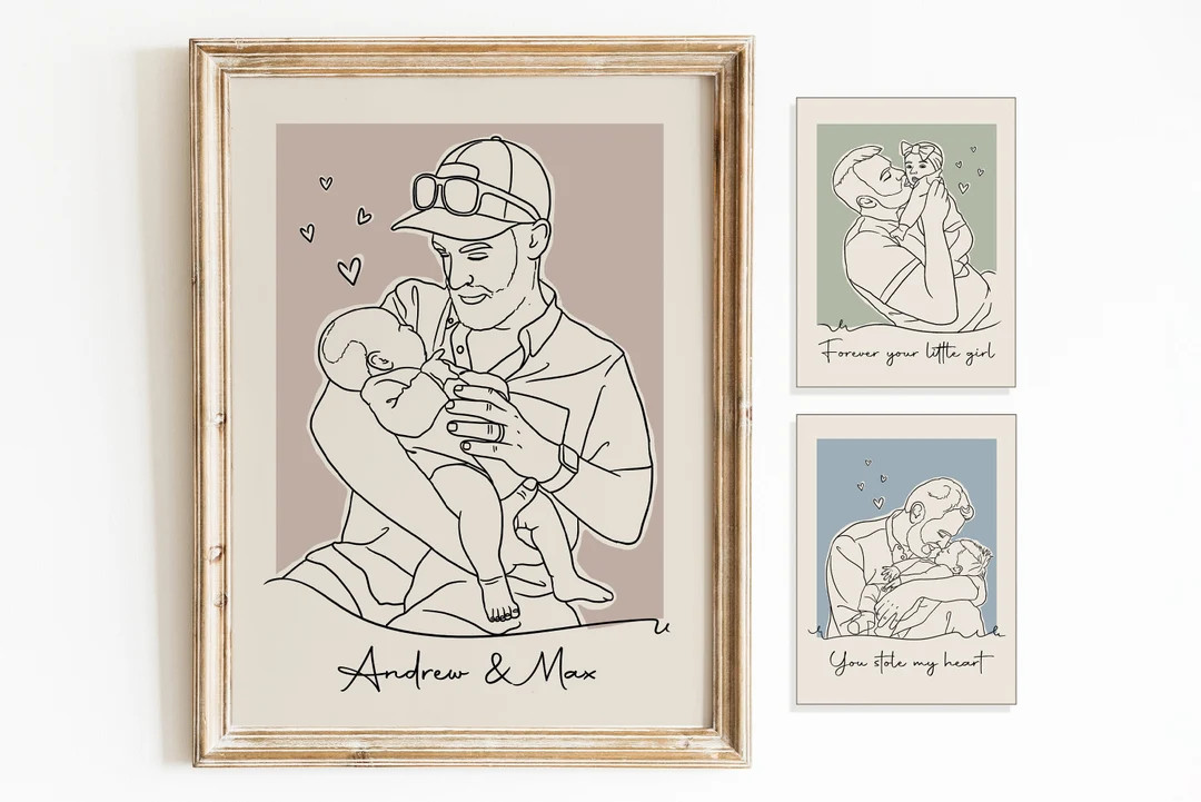First Fathers Day Portrait Gift, Custom Dad & Kid Line Art Portrait from Photo, Happy First Fathe... | Etsy (US)