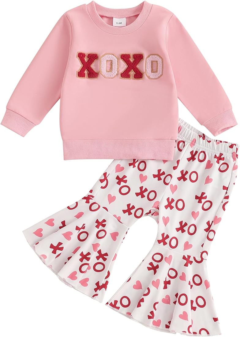 Toddler Baby Girl Valentines Day Outfit Letter Embroidery Crewneck Sweatshirt Top Heart Flare Pan... | Amazon (US)