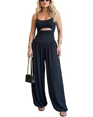 Amazon.com: ChicMe Couture Jumpsuits for Women Sleeveless Cut-Out Waist U-Neck Backless Tie-Back ... | Amazon (US)