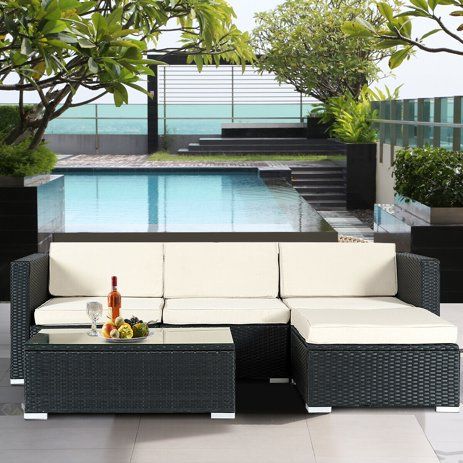 Costway 5-piece Patio Furniture Set Rattan Wicker Table Shelf Garden Sofa with Beige Cushions | Walmart (US)