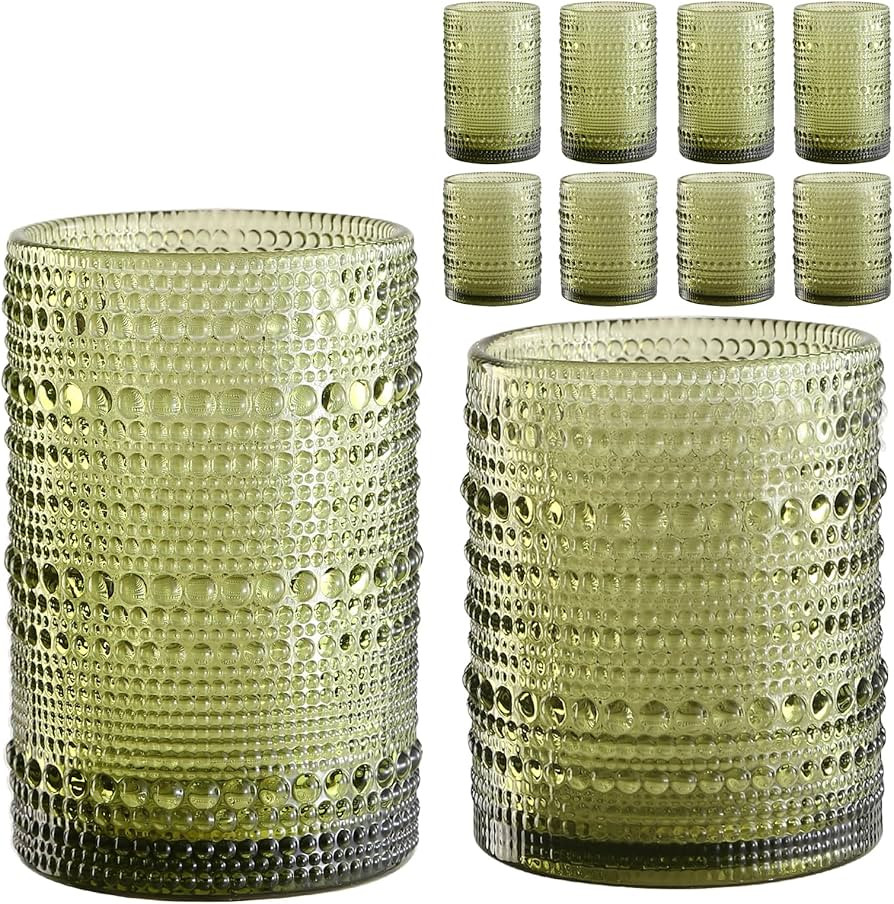 Vintage Hobnail Drinking Glasses Set of 8,Green 12 oz & 15oz Highball Glass Cups, Kitchen Drinkwa... | Amazon (US)